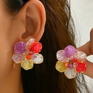 Gold flower stud statement rainbow earrings boho red pink colorful 💖